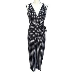 London Times Women's Size 2 Petite Polka Dot Walkthrough Jumpsuit Black White